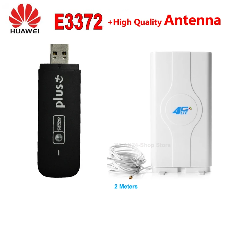 Unlocked Huawei E3372 4G USB Dongle Cat4 USB Stick Modem 4g LTE 150Mbps Modem Broadband Hotspot ( Plus Antenna )