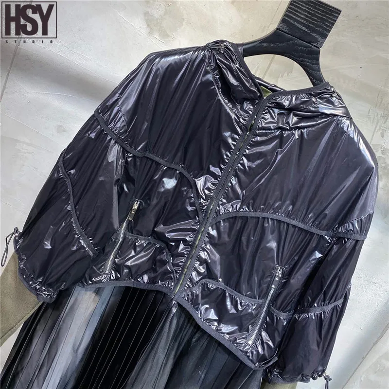 【HSY】2019 Осень Новая мода высокого класса женская черная глянцевая куртка на