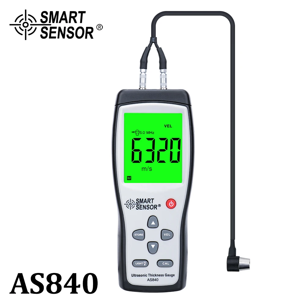 Medidor de espesor ultrasónico Digital, medidor de velocidad de sonido, probador de profundidad de Metal de 1,2-225mm, Sensor inteligente AS840 con pantalla LCD