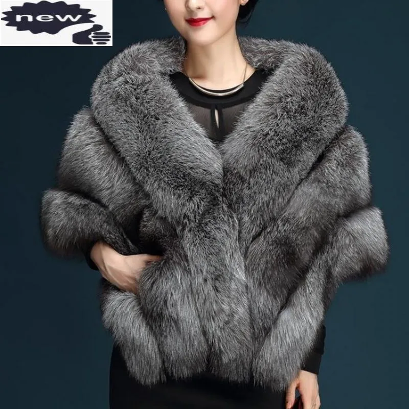 High Qaulity Bride Faux Fox Wedding Pocho Thick Warm Fur Womens Cape Elegant Lady Classic Comfort Outwear Coat Female Cloak