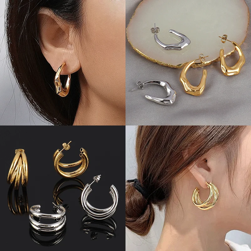 Жемчужные серьги кольца из нержавеющей стали с панк-цепью для женщин модные золотые круглые украшения.