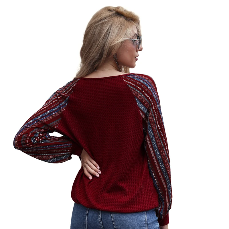 

Fashion Women Spliced Blouse Casual Irregular Print T-shirt Long Sleeve V-neck Pullover Female Tops Autumn and Winter Top 2020