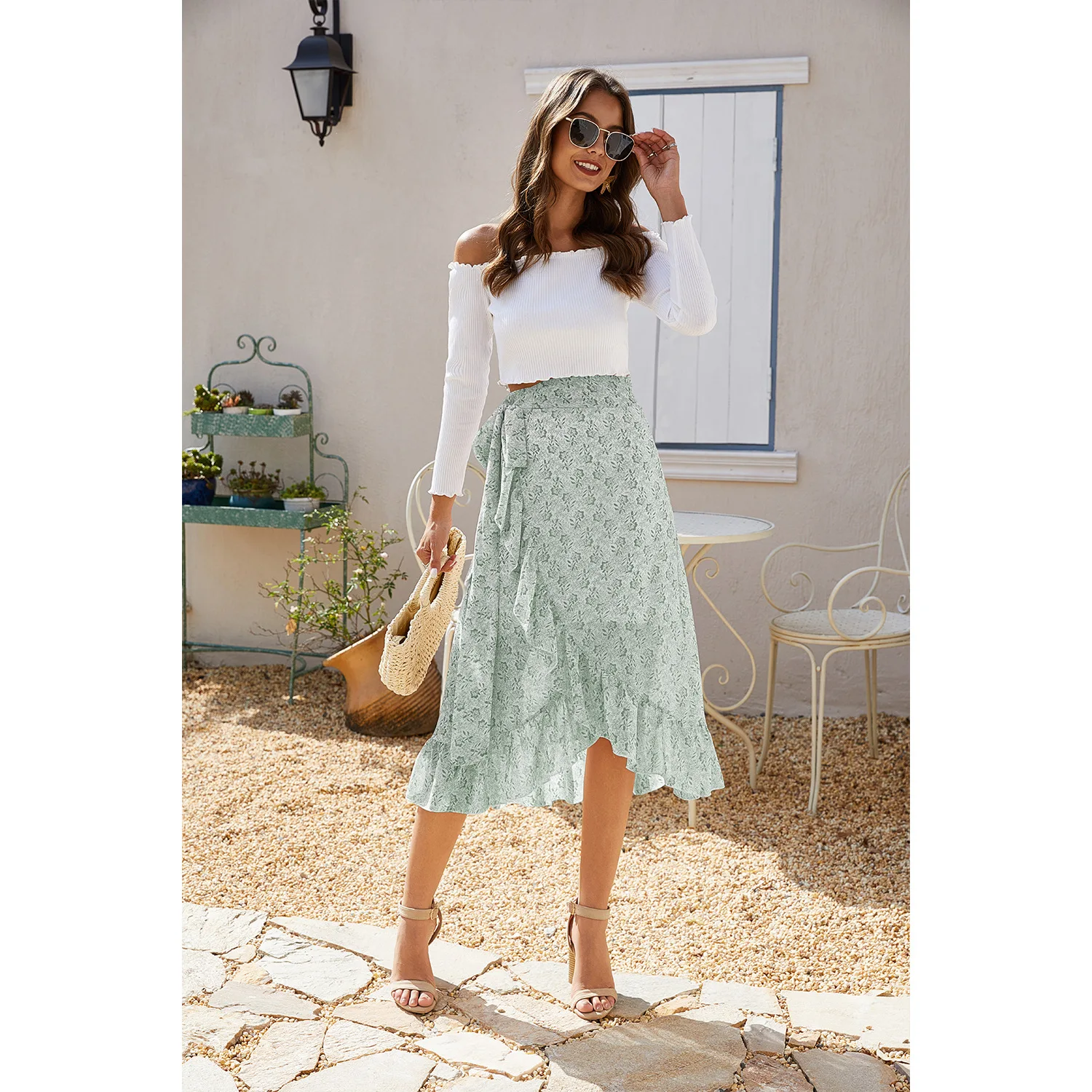 Женская Асимметричная юбка Повседневная богемная шифоновая с разрезом и бантом