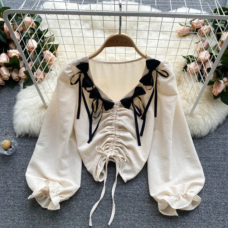 

Jastie весенние элегантные женские топы чистого цвета с v-образным вырезом и бантом на шнуровке с пышными рукавами рубашки