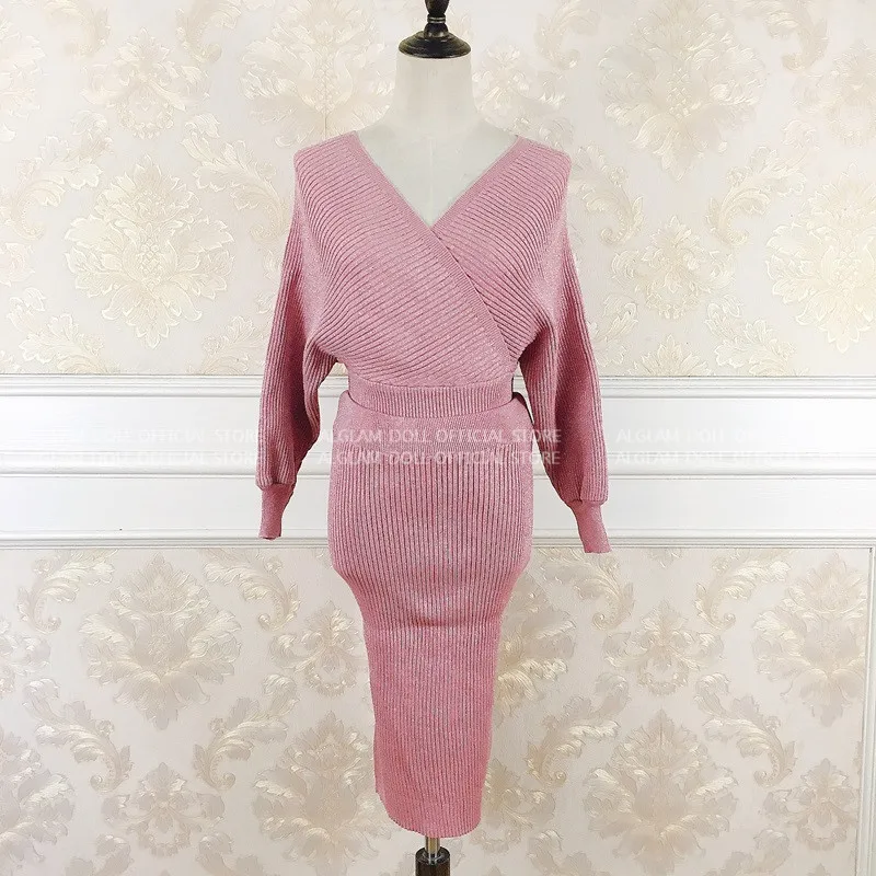 

Autumn V-Neck Two Piece Knitting Suits Long Bat Sleeve Sweater Top Bodycon Midi Skirt Sets Casual Knitted Dress