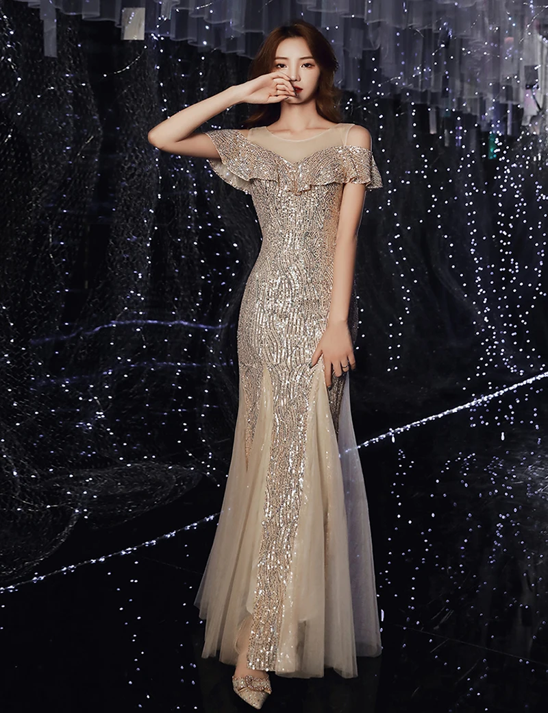 

New Long Champagne Trumpet Mermaid Evening Dress Sparkly Sequins Wedding Party Dinner Birthday Evening Gowns