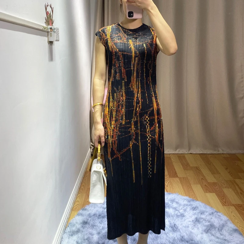 Changpleat новые женские платья с принтом Miyak Плиссированное модное дизайнерское приталенное женское элегантное платье с О-образным вырезом и эластичной талией D9087
