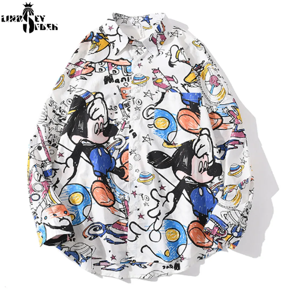 Женская рубашка мужская Свободная в стиле хип-хоп уличная гавайская с мультяшным