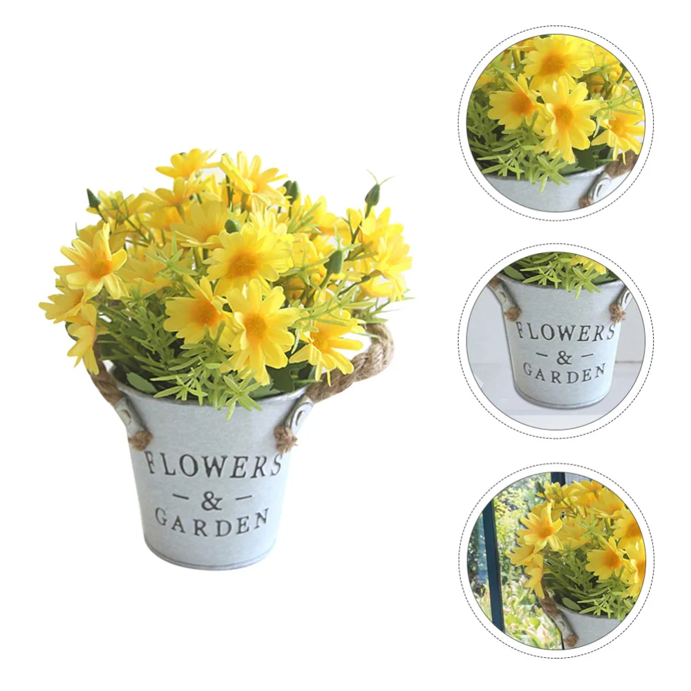 

1pc Simulation Daisy Potted Plant Decor Vintage Iron Bucket Bonsai Adornment