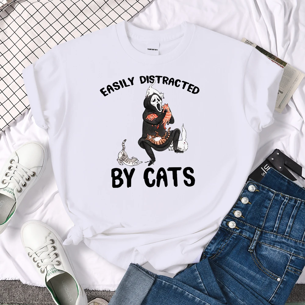 

Easily Distracted By Cats Print Women's Tshirt Womenga Soft Short Sleeved Sports Breathable Women Tshirts