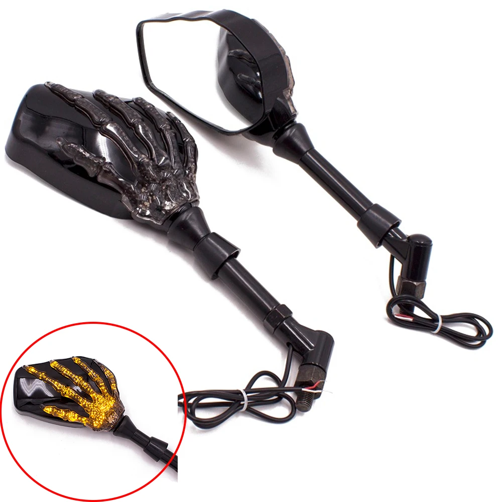 

Motorcycle Side Mirror Skull Hand Claw Rear View Mirrors LED Turn Signal Light 8mm 10mm Universal Rearview Mirror
