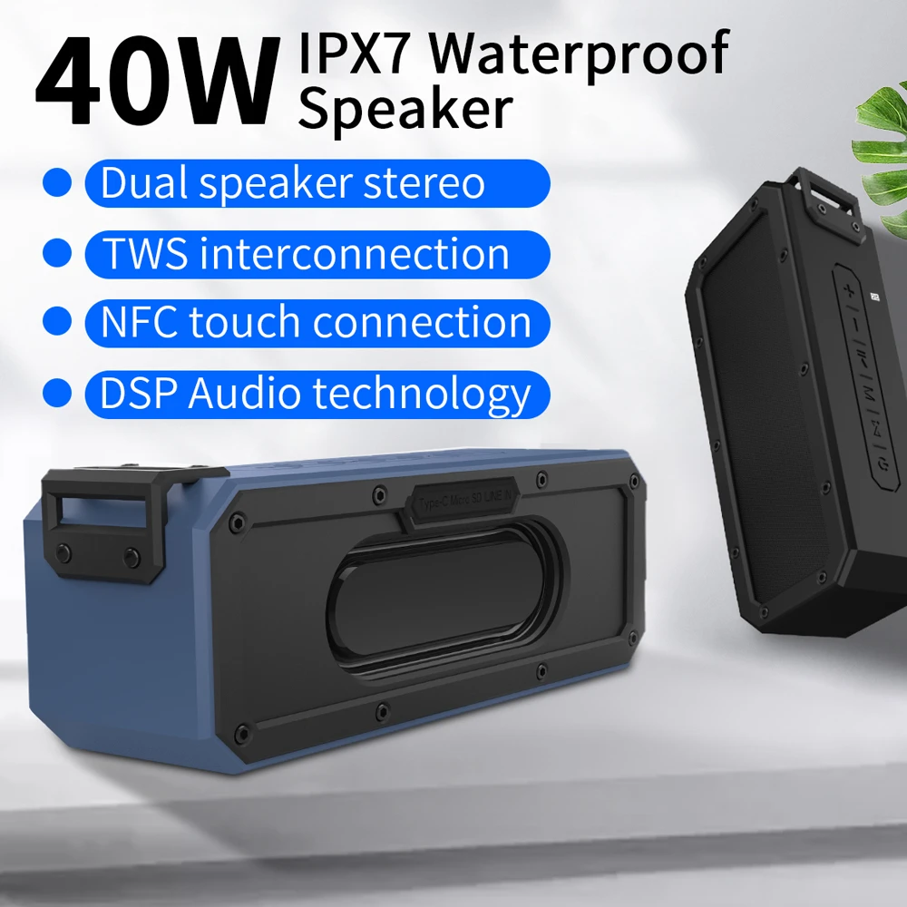 

IP7X 40W Bluetooth Speaker Waterproof Portable Column Speaker Super Bass Subwoofer Soundbar Support FM Radio Type-C USB Computer