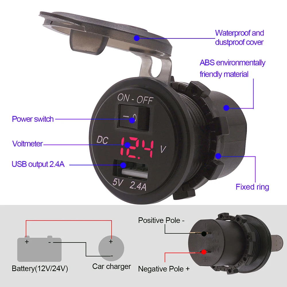 Durable Voltmeter DC 12-24V ON-OFF Switch Modified Waterproof Voltage Display Universal USB Car Charger Meter | Автомобили и