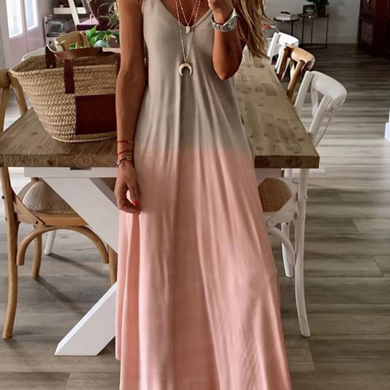 

2021 Summer New Style Women Long Dress Sexy Gradient Color V-neck Women Long Dress Casual Noodle Strap Sleeveless Beach Dress