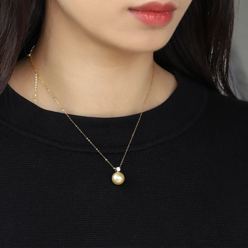 

18K Solid Yellow Real Gold Jewelry(AU750) Women Necklace Chain Nanyang Jinzhu Diamond Pendant South Sea Pearl Fashion Lady