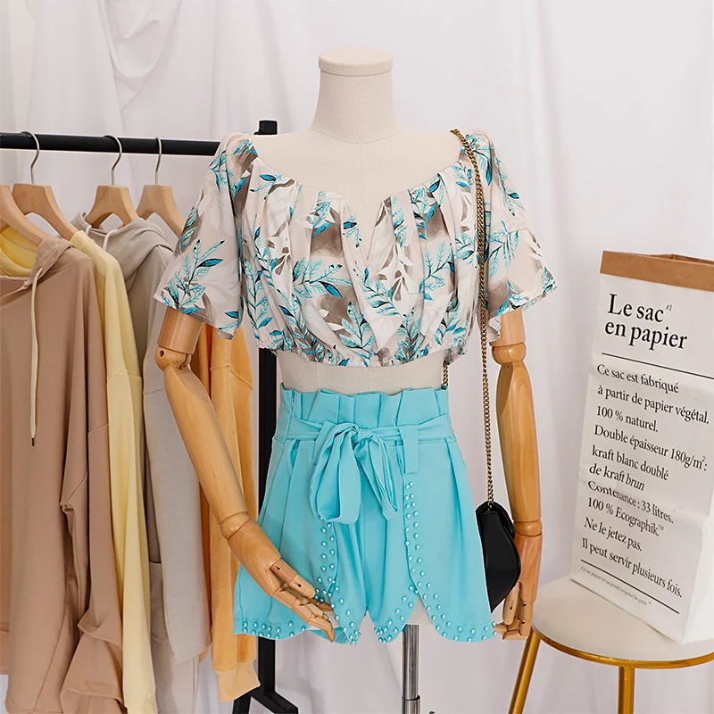 Женский комплект с открытыми плечами и принтом листьев из 2 предметов