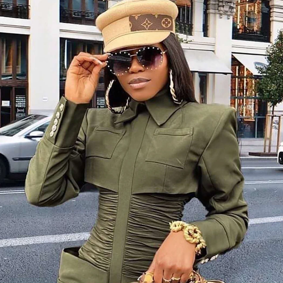 

Spring 2020 New Women'S Sexy Green Button Long Sleeve Pocket Pleated Bodycon Dress Runway Celebrity Party Dress Vestidos