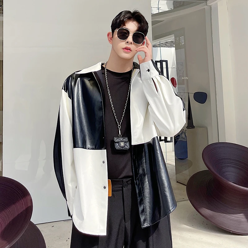 Мужская кожаная рубашка Повседневная Свободная контрастных цветов с отстрочкой