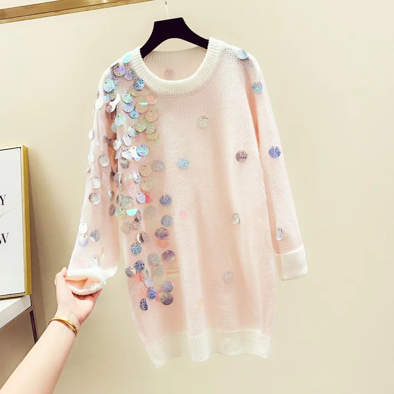 Пуловер женский вязаный с длинными рукавами и блестками осень 2019 | Женская одежда