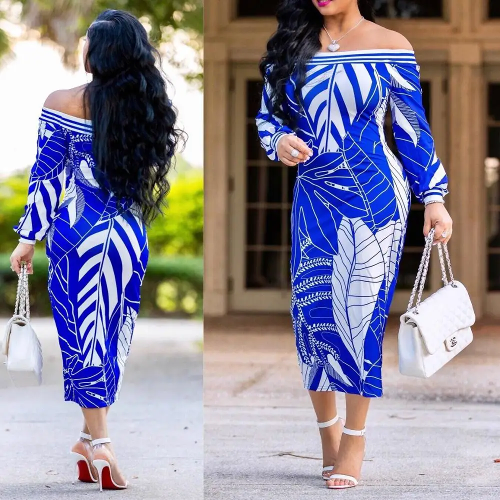 Women Sexy Off Shoulder Ribbed Dress Slash Neck Long Sleeve Bodycon Maxi Club Party Dresses mid calf fashion | Женская одежда