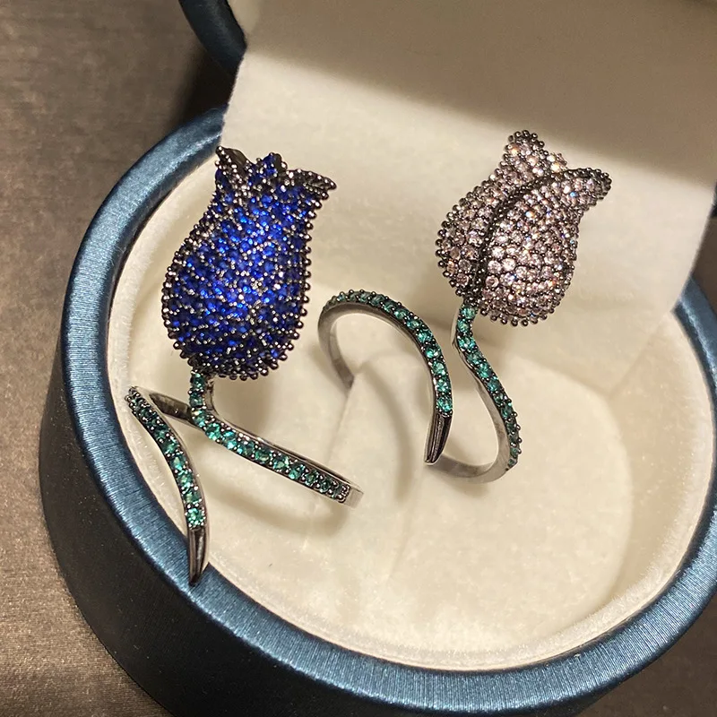 

Fashion Trendy Cubic Zirconia Royal Blue Flower Rose Adjustable Ring Purple For Women Luxurious Jewelry Girl Gift Wedding