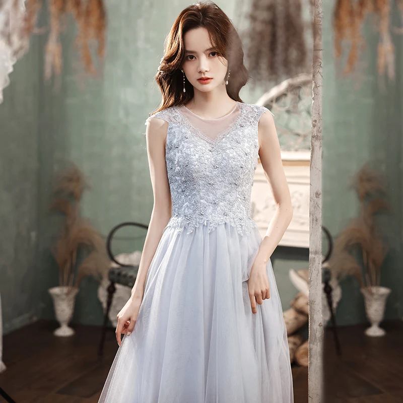 

2021 New Elegant Beaded O-Neck Evening Dresses Long A-Line Tulle Applique Lace Evening Gown Sleeveless Floor-Length Formal Dress