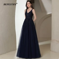 bepeithy vintage navy blue long evening dress party elegant for women 2021 robes de soir%c3%a9e v neck sleeveless prom gown hot sale