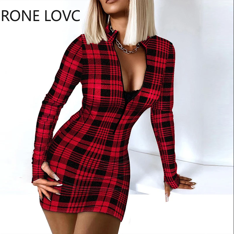 

Женское элегантное Красное Облегающее платье мини в клетку с длинными рукавами и воротником на молнии