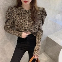 women winter puff sleeve retro fashion leopard print blouse new 2021 thermal thick basic tops female