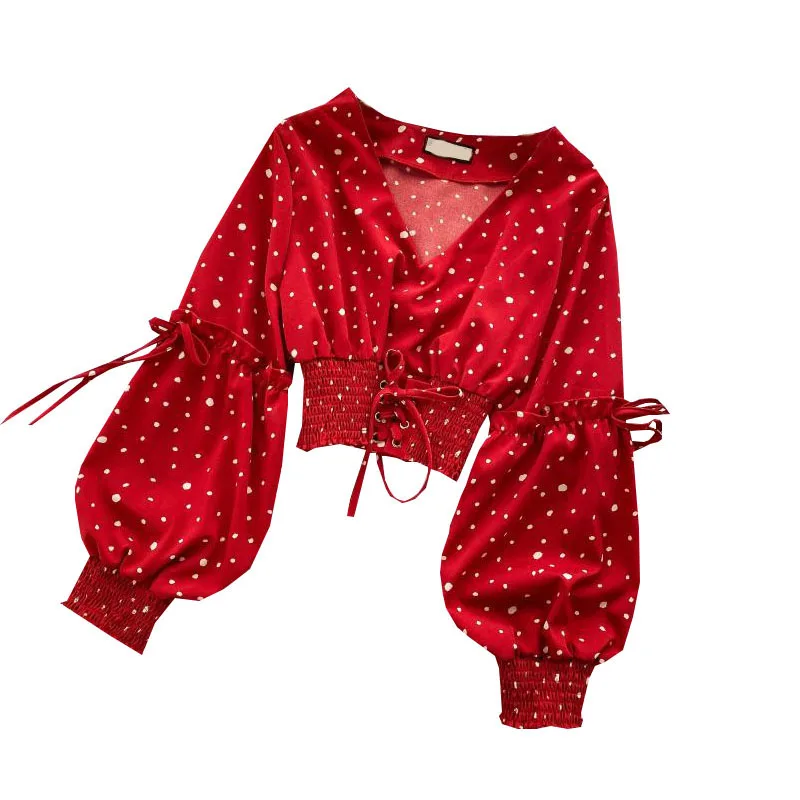 

sexy bandage women blouse summer new v-neck lantern sleeved polka dot short high waist lady elegant pulls outwear tops