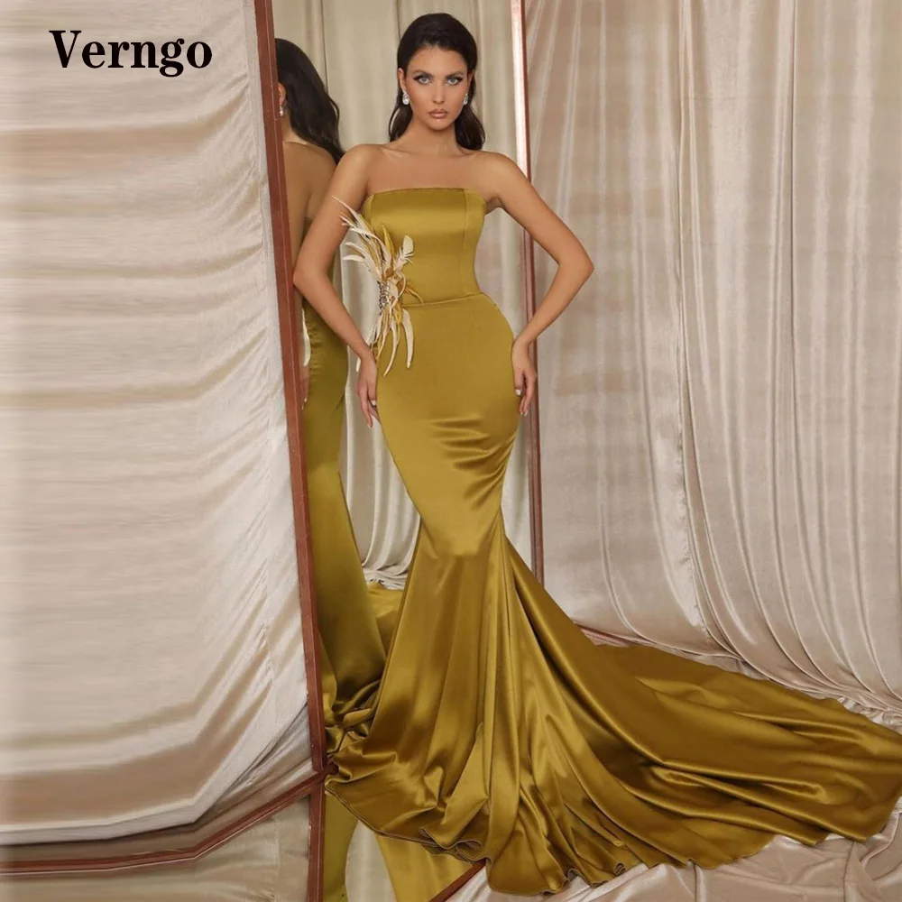 

Verngo Light Olive Green Satin Mermaid Evening Dresses Strapless Modern Sweep Train Feather Long Prom Dress 2022 New Design