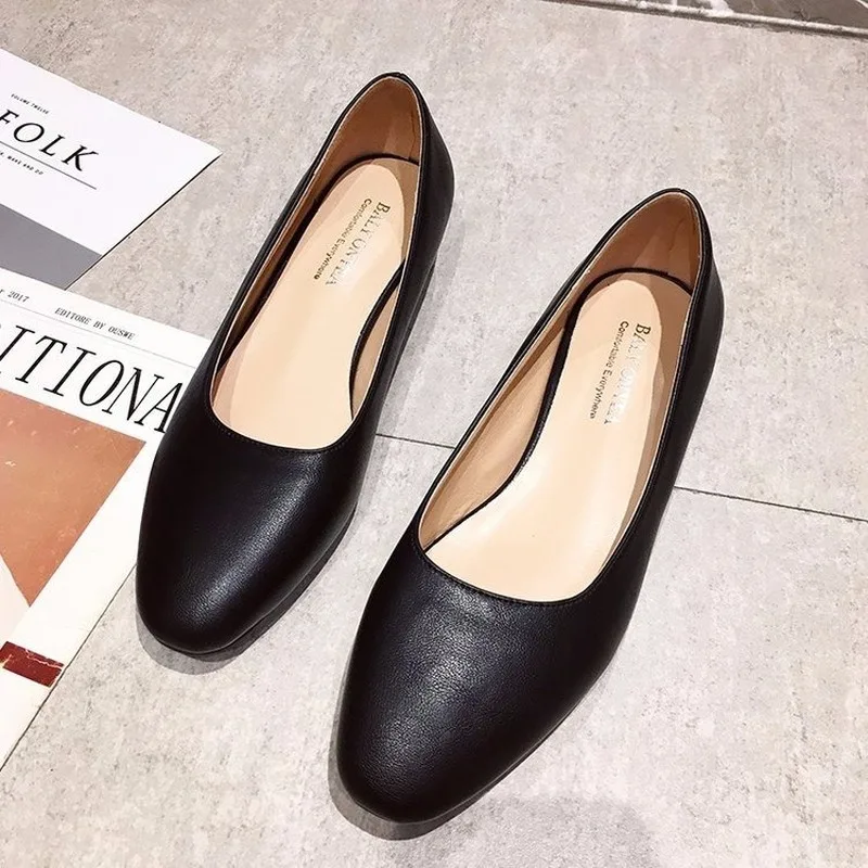 

New Spring Autumn Casual Shoes Woman Pumps Leather Slip on Shallow Thick Low Heels Round Head Women Shoes Work Sexy Ladies Shoes