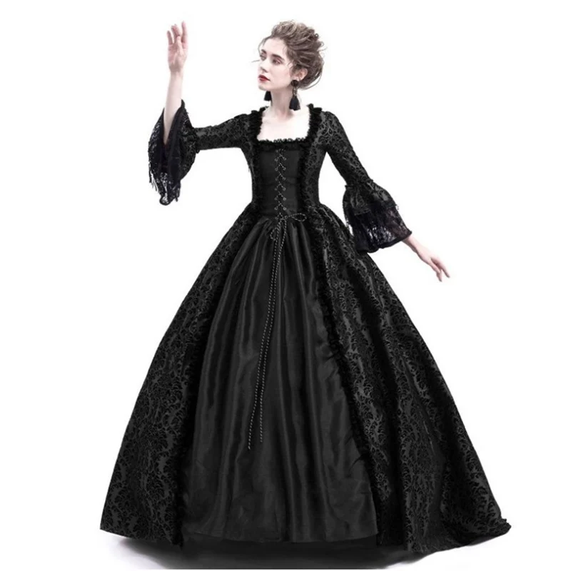 

Mandylandy New Women Sexy Vintage U-neck Ruffled Long Sleeve Long Gown Dress Medieval Retro Court Dress Cosplay Costume Dress