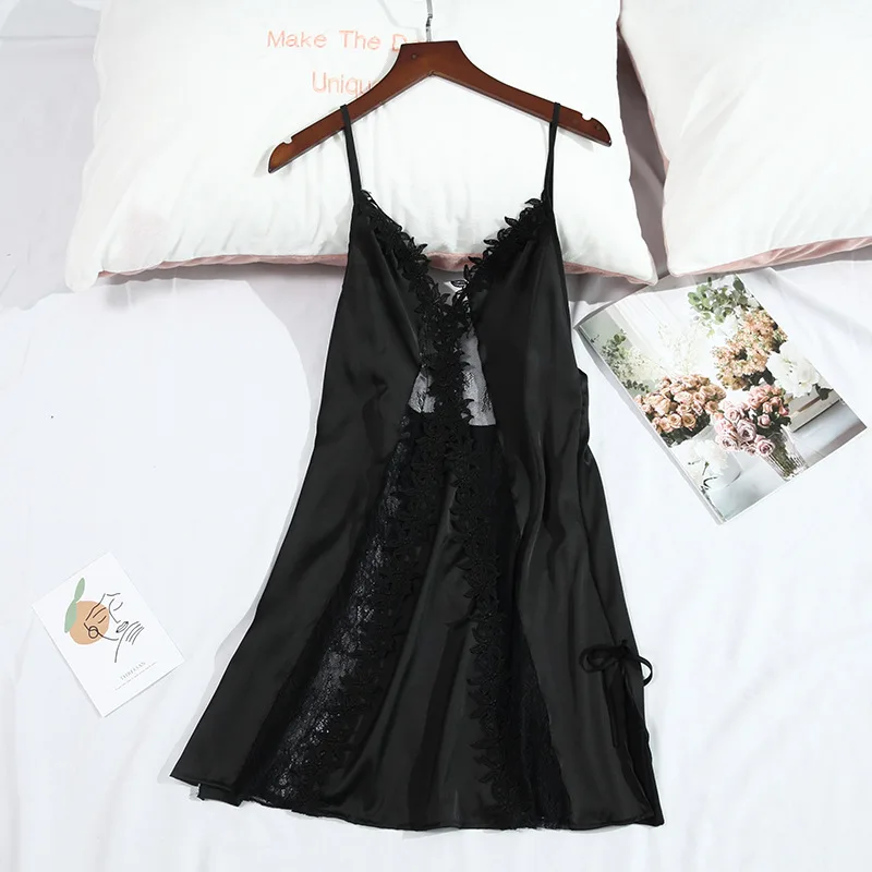 

Black Lace Trim Lady Nightgown Summer Sexy V-Neck Spaghetti Strap Nightdress Temptation Hollow Out Sleepshirts Rayon Sleepwear