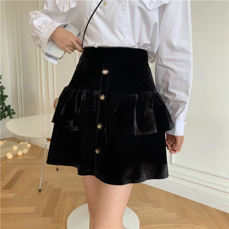 

HOUZHOU Black Velvet Ruffle Skirt Women Vintage Autumn Winter Korean Style Elegant High Waisted Button A-line Mini Skirts Casual