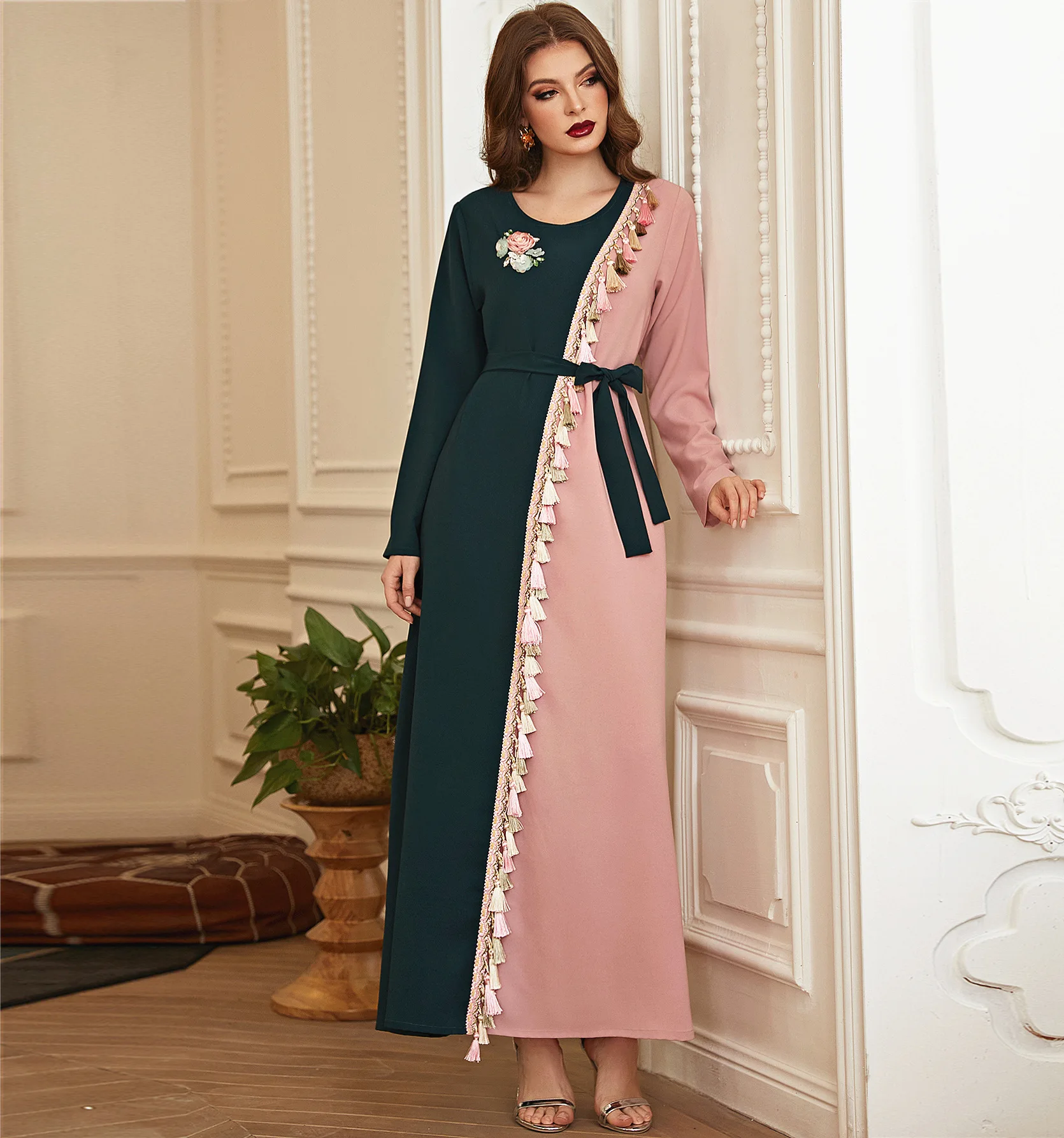 Женское платье с кисточками и длинными рукавами, розовое платье с длинными рукавами и цветочным принтом, вечернее платье в стиле ретро, XXL