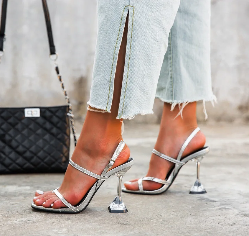 

NAUSK New Silver Back Strap Sandals Transparent Perspex Heel Spike High Heels Crystal Slingbacks Women Wedding Pumps Sandals