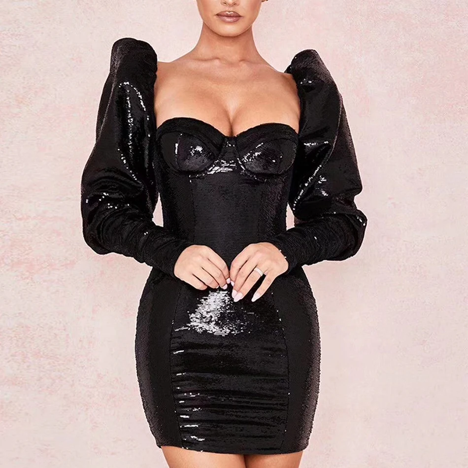 

Seamyla, новинка 2020, модное летнее платье, сексуальное черное платье с длинным рукавом-фонариком и открытой спиной, платья, облегающее мини-плат...