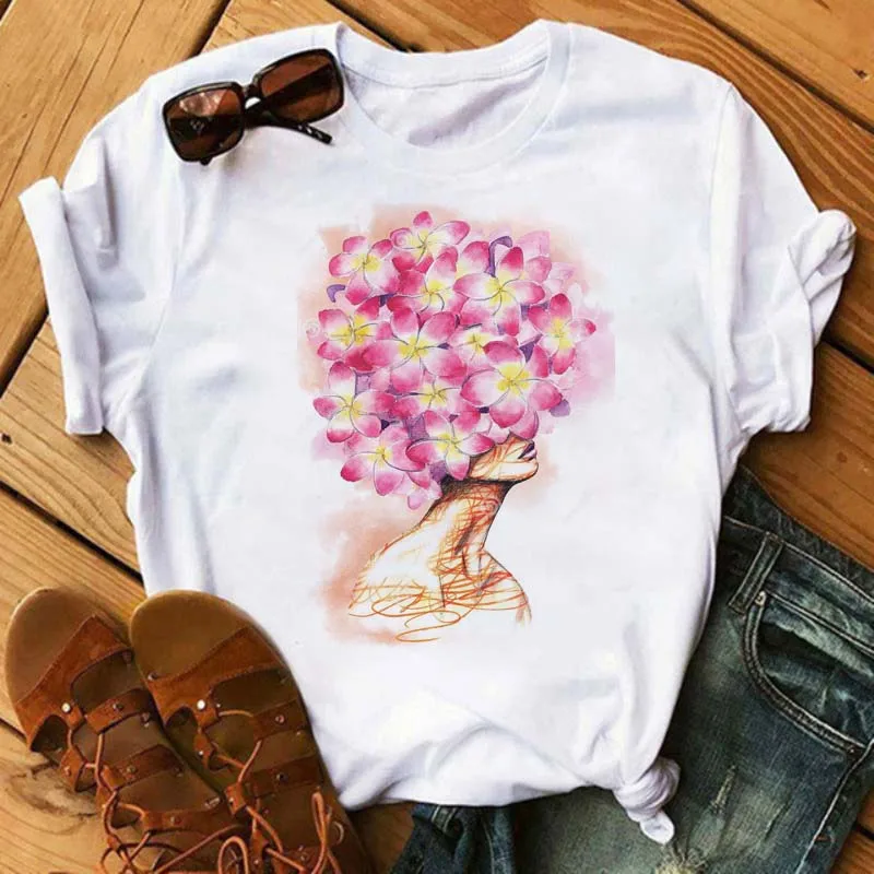 

Womens Flower In Head Print T-shirts Harajuku Summer Short Sleeves Tshirts Casual Round Neck Tops Tees Shirts,Drop Ship