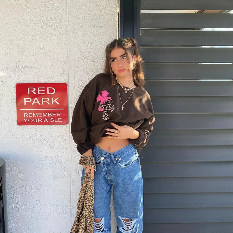 

Round Neck Pullover Embroidered Sweatshirt Women Loose Casual Elegant Hip-hop Repair Was Thin and Lazy Clothesing Spring 2021