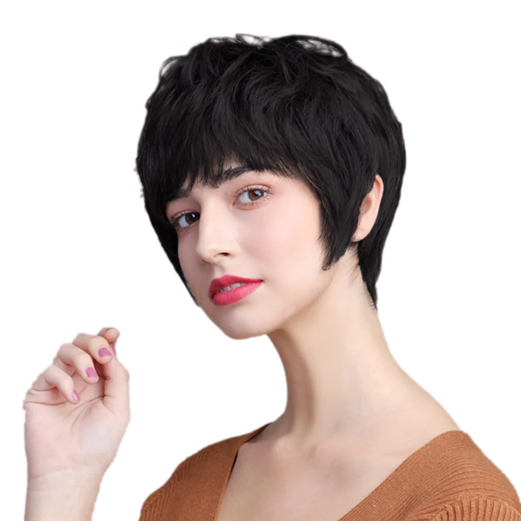 

10" Women Short Natural Layered 100% Real Human Hair Wigs with Cap Black