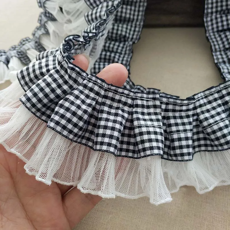 

6CM Wide White Black Plaids Satin Ribbon Pleated Lace Collar Trims Embroidery Laces Sewing Accessories And Clothing Hats Decor