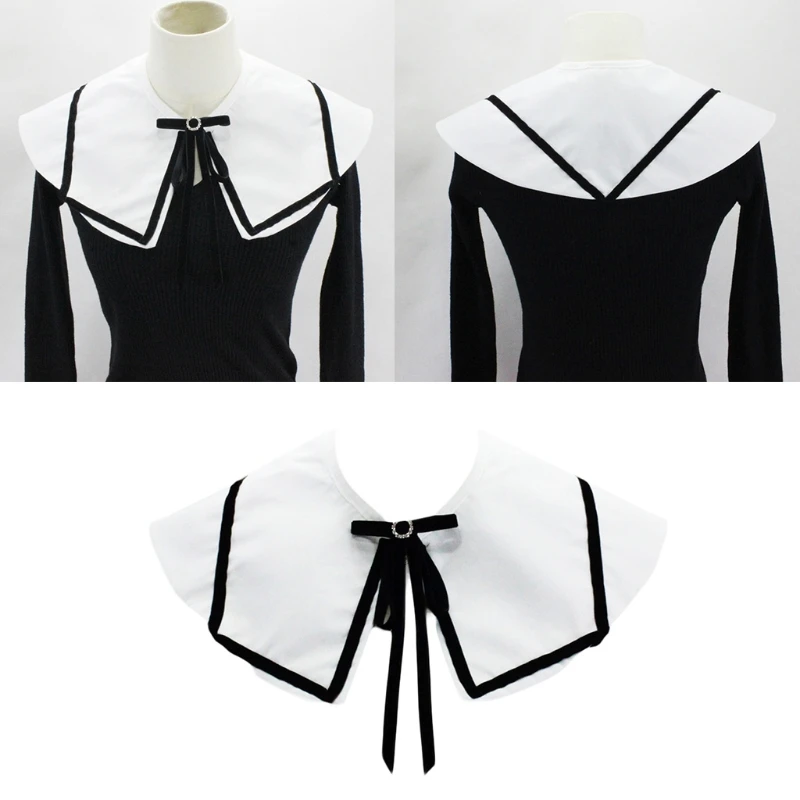 

Student Detachable Fake Collar Shawl Wrap Elegant Rhinestone Buckle Bow Knot Half Shirt Contrast Color Mini Poncho Cape