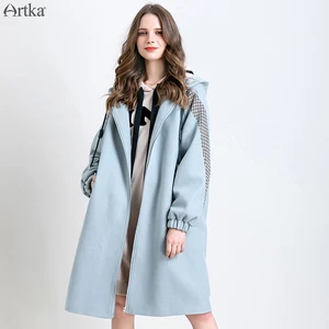 Пальто женское шерстяное длинное в клетку, с капюшоном, зима 2019