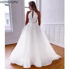 Женское свадебное платье HONGFUYU, белое ТРАПЕЦИЕВИДНОЕ платье из органзы с высокой горловиной и карманами, 2022
