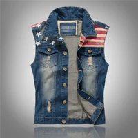 mens fashion vest jacket pleated design denim vest america flag blue waistcoat sleeveless jeans jackets hip hop jean coats