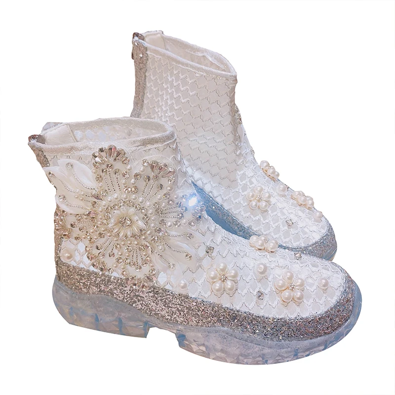 

Luxury Pearls Women's Platform Ankle Boots Breathable Mush Spring Summer Shoes Woman 2021 Bling Crystals Chunky Sneakers Booties