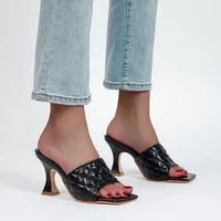 sexy women diamond square head peep toe thin high heels slippers summer fashion female slip on slides sandals mules party shoes