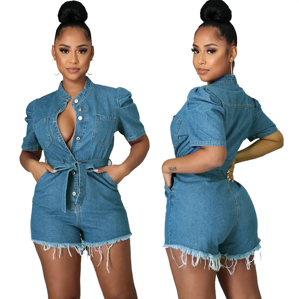 

Женский джинсовый комбинезон, модные повседневные джинсовые шорты с V-образным вырезом, шорты с коротким рукавом, цельные шорты с ремнями, ...