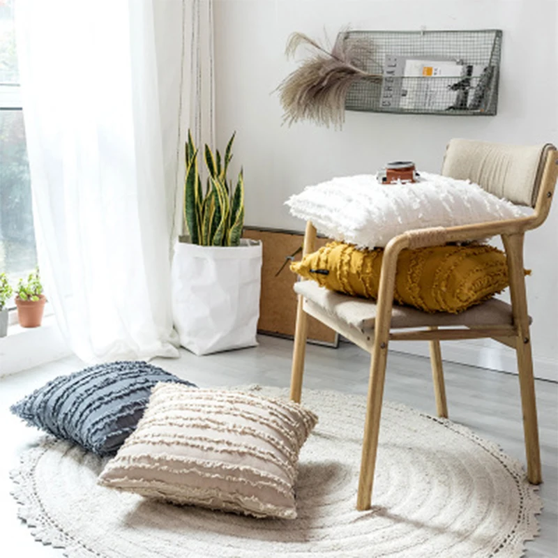 

White Cushion Cover Floral Tassel Square Pillowcase Cotton Pillowcase 45x45cm Home Decoration Sofa Yellow Ivory Gray